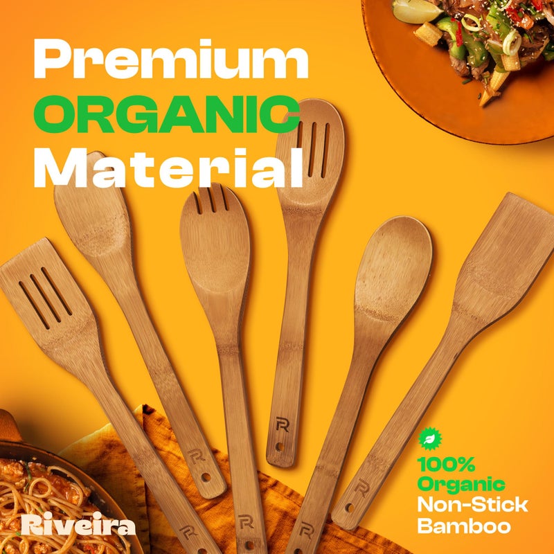Riveira Dark Bamboo Wooden Spoons for Cooking 6-Piece  Apartment Essentials Wood Spatula Spoon Nonstick Kitchen Utensil Set Premium Quality Housewarming Gifts for Everyday Use - Image 2
